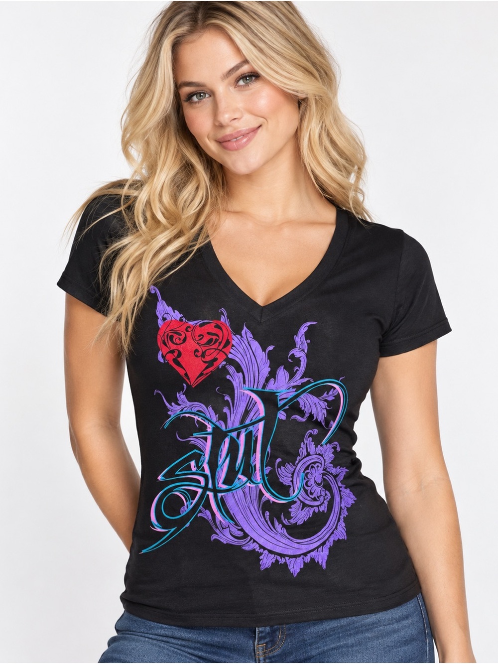 Black Graphic V-Neck Tee with Purple and Red Design